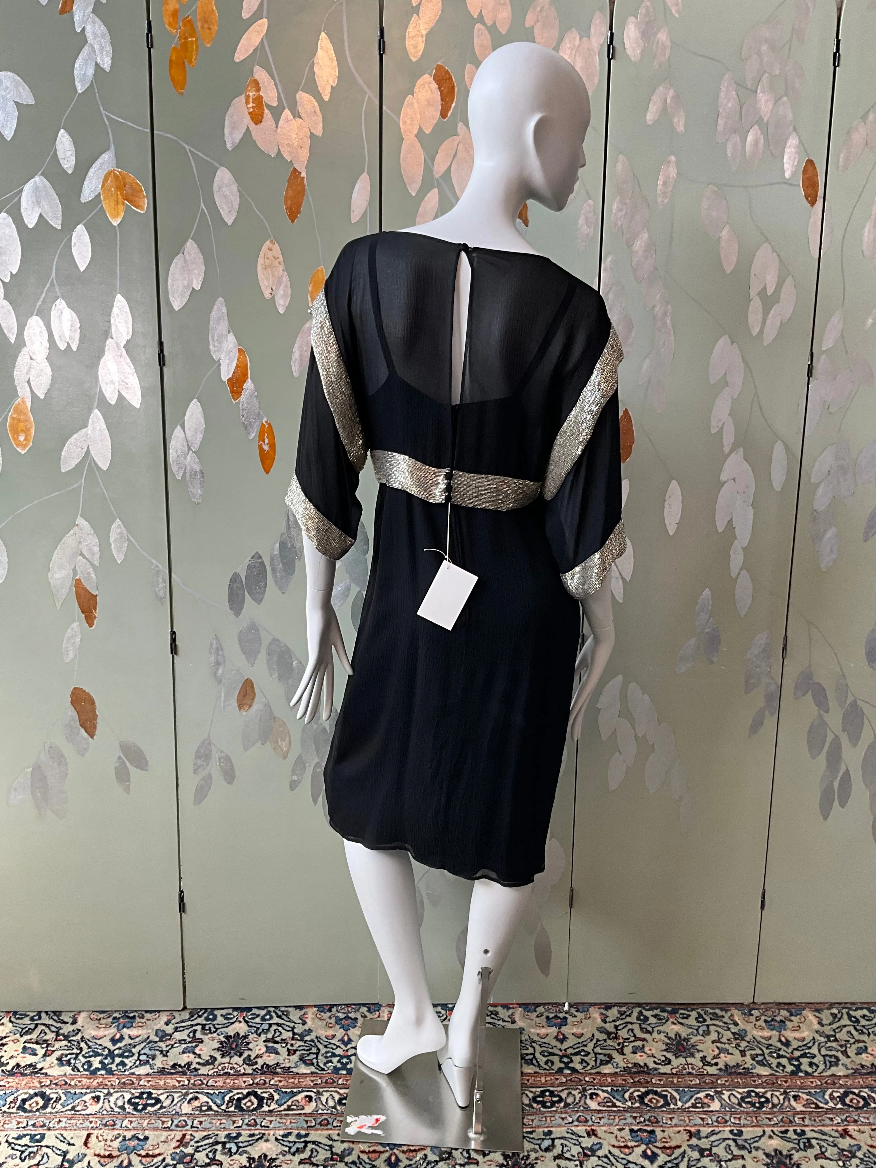 Vintage 1980s Chloé Black Silk Beaded Jacket Top and Dress Set, Medium